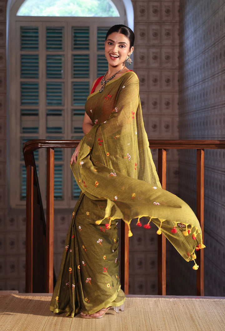 Olive Green Mul Cotton Saree with Multicolour Floral Motifs, Woven Border & Tassel Pallu