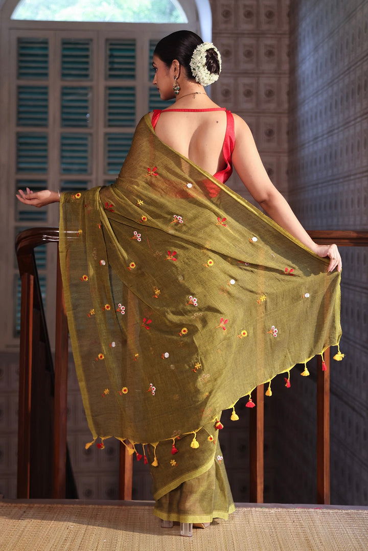 Olive Green Mul Cotton Saree with Multicolour Floral Motifs, Woven Border & Tassel Pallu