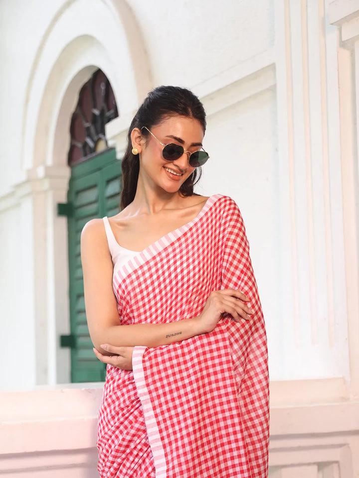Red & White Gingham Check Mul Cotton Saree with Tasselled Pallu