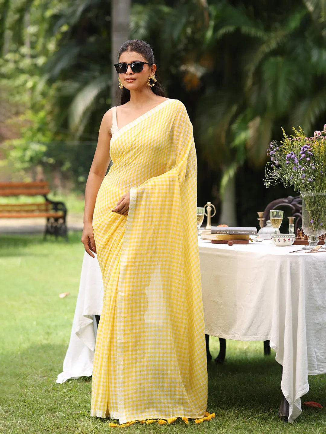 Sunshine Yellow & White Gingham Check Mul Cotton Saree with Tasselled Pallu
