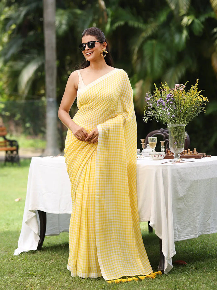 Sunshine Yellow & White Gingham Check Mul Cotton Saree with Tasselled Pallu