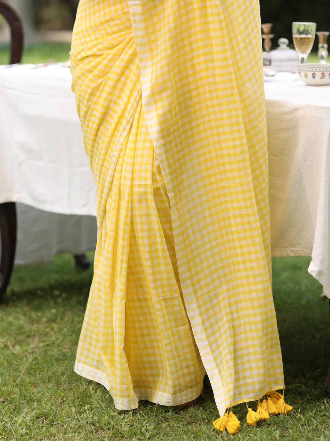 Sunshine Yellow & White Gingham Check Mul Cotton Saree with Tasselled Pallu