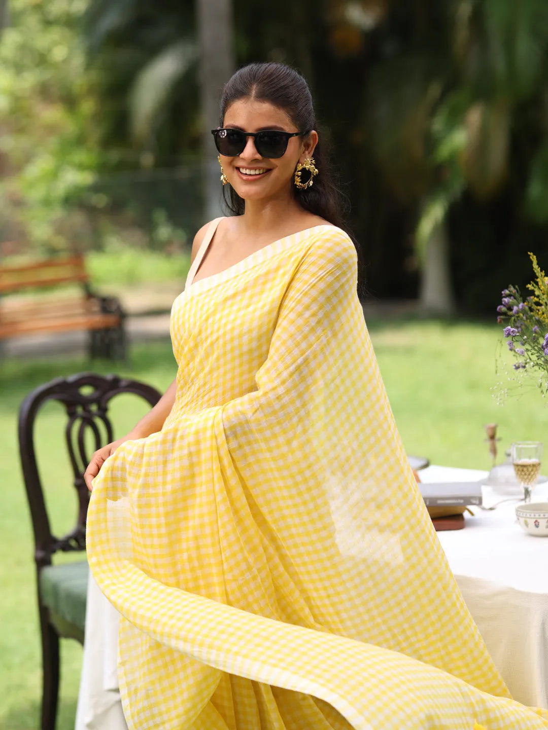 Sunshine Yellow & White Gingham Check Mul Cotton Saree with Tasselled Pallu