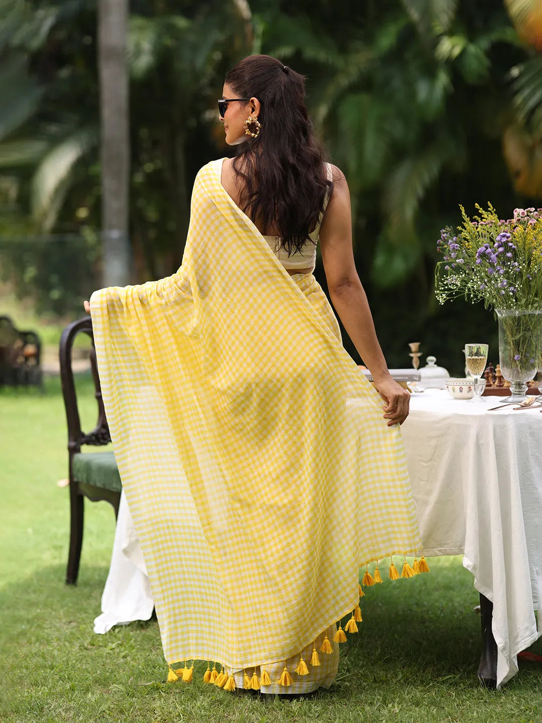 Sunshine Yellow & White Gingham Check Mul Cotton Saree with Tasselled Pallu