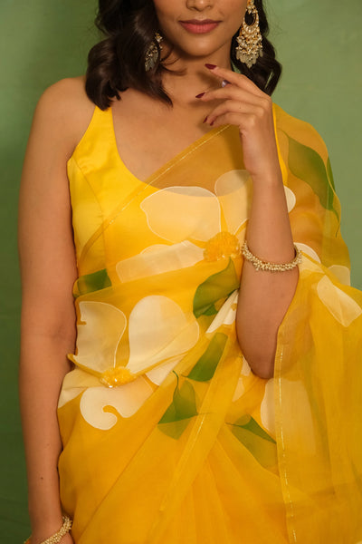 Sunshine Yellow Pure Organza Saree with Hand-Painted White Floral Motifs & Sequin Embellishments