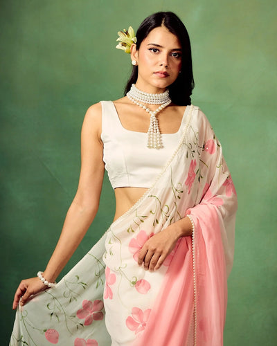 Blush Pink Pure Georgette Hand-Painted Floral Saree with White Motifs & Sequin Accents – Modal Satin Blouse