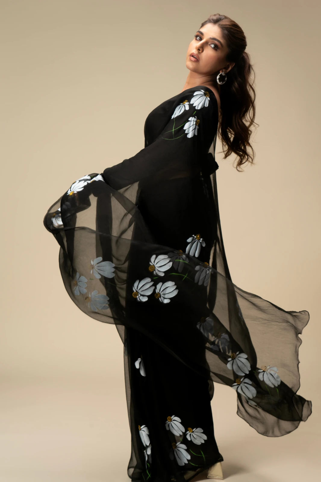 Black Chiffon Saree with White Floral Design | Lightweight Designer Saree with Blouse Piece