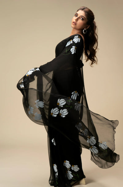 Black Hand-Painted Pure Georgette Saree with White Floral Motifs & Sequins | Modal Satin Blouse