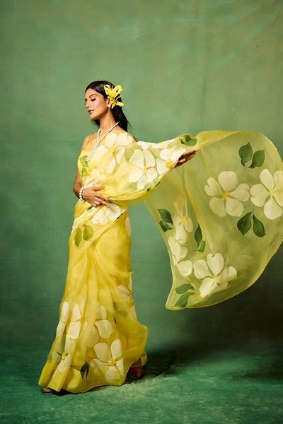 Bright Yellow Pure Organza Saree with Oversized Hand-Painted White Flowers & Sequin Detailing | Satin Blouse Included