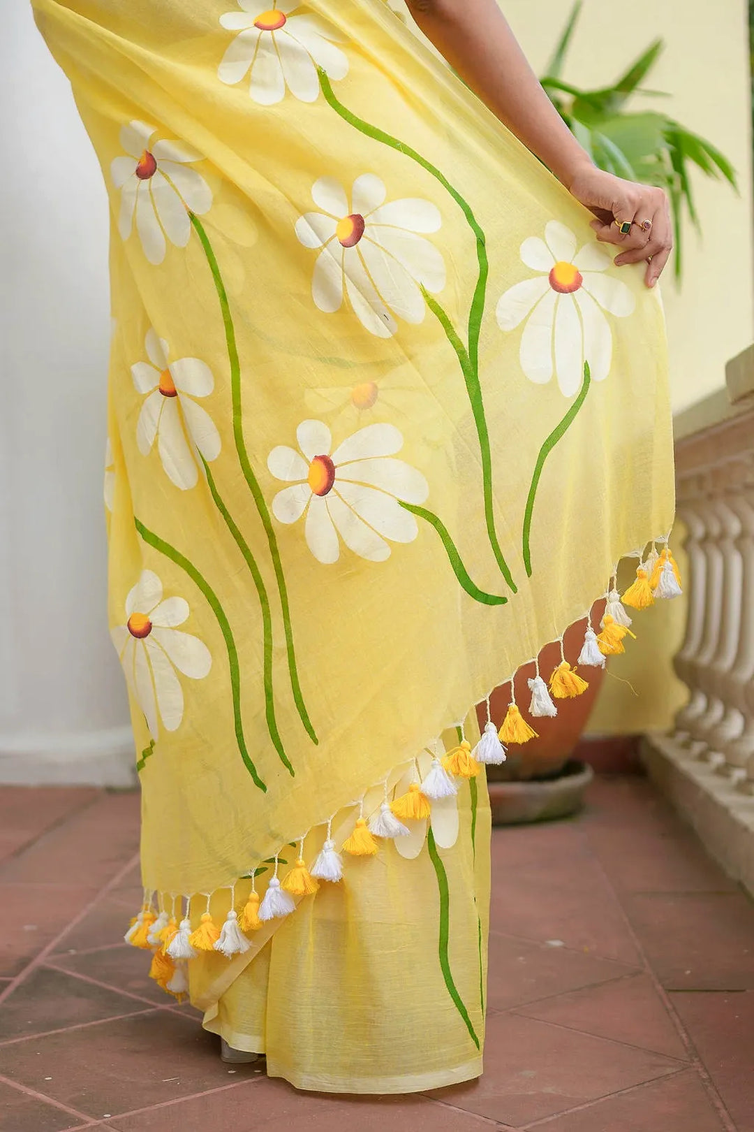 Sunshine Yellow Mul Cotton Saree with Daisy Floral Design & Tasselled Pallu, Comes With Attached Blouse Piece