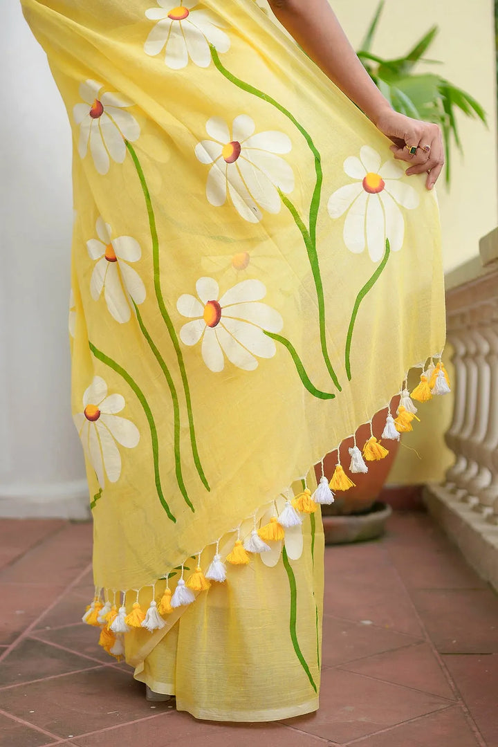 Sunshine Yellow Mul Cotton Saree with Daisy Floral Design & Tasselled Pallu, Comes With Attached Blouse Piece