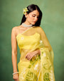 Sky Blue Hand-Painted Pure Organza Saree with White Dogwood Floral Motifs & Modal Satin Blouse