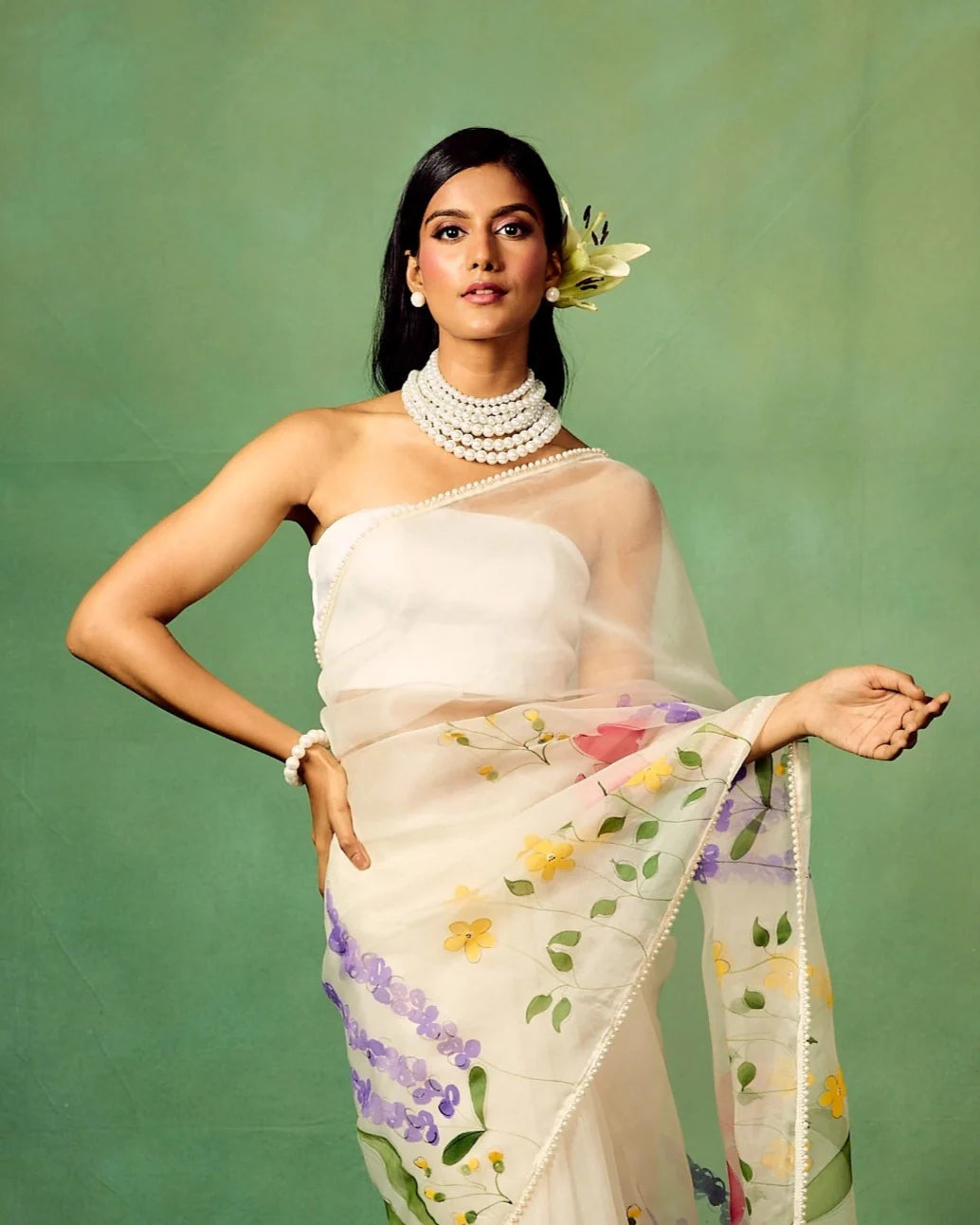 Ivory Pure Organza Hand-Painted Saree with Multicolor Floral Motifs & Sequin Accents | Modal Satin Blouse