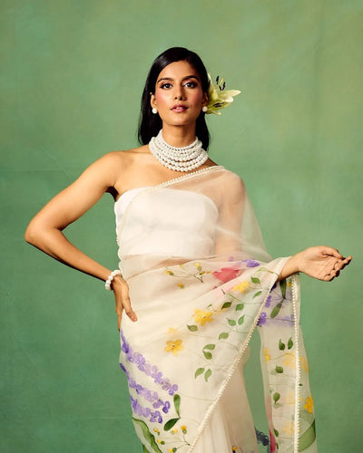 Ivory Pure Organza Hand-Painted Saree with Multicolor Floral Motifs & Sequin Accents | Modal Satin Blouse