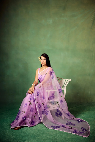 Lavender Pure Organza Saree with Hand-Painted Purple Floral Motifs & Pearl Sequin Highlights | Satin Blouse